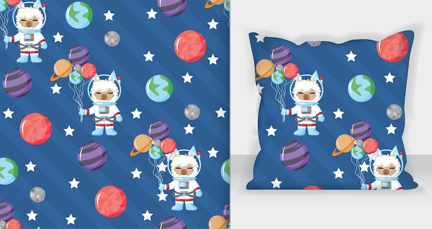 Leuke lamaastronaut in open ruimte naadloos patroon met planeet. Vector hand getekende illustratie. naadloos patroon.