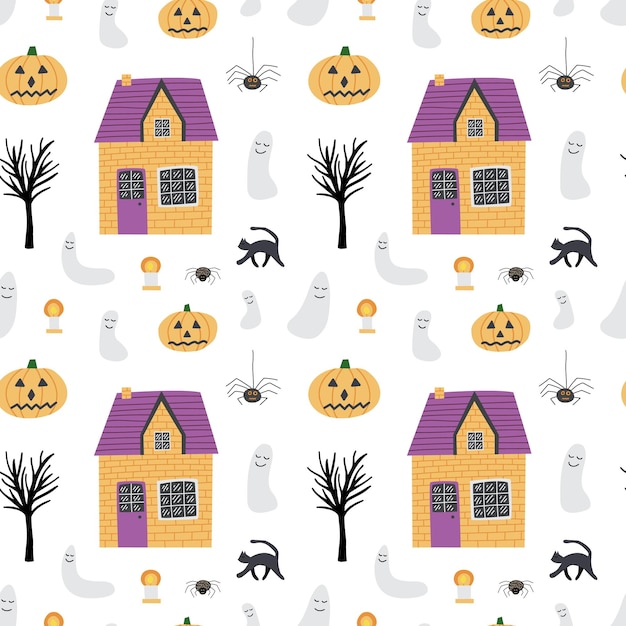 Leuke landhuizen en spook Halloween-patroon Vector huizen spoken, pompoenen en katten naadloos patroon