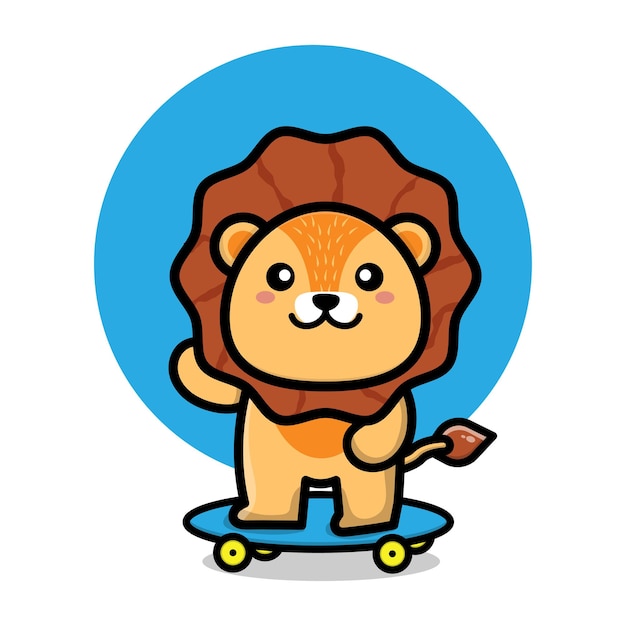 Leuke leeuw speelt skateboard cartoon afbeelding