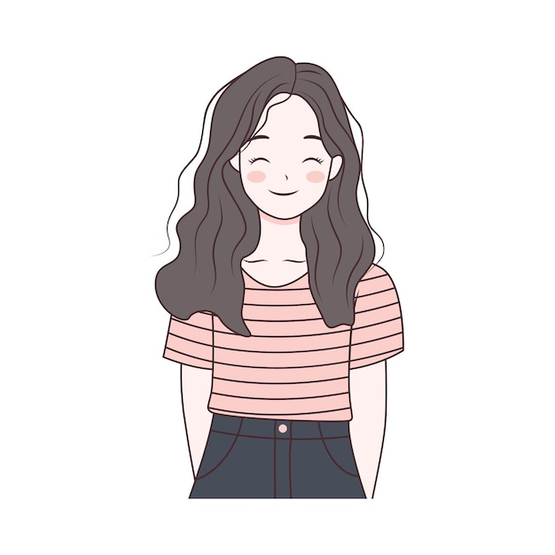 Leuke, leuke, vrolijke tienermeisje cartoon personage in casual kleding.