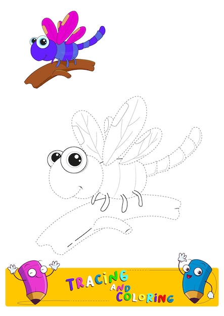 Leuke libelle-traceerlijnen tekenen en kleuren oefenwerkblad voor kinderen