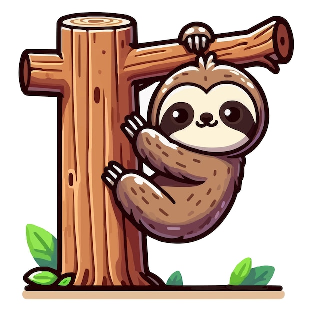 Leuke luiaard die op een houten boom hangt cartoon