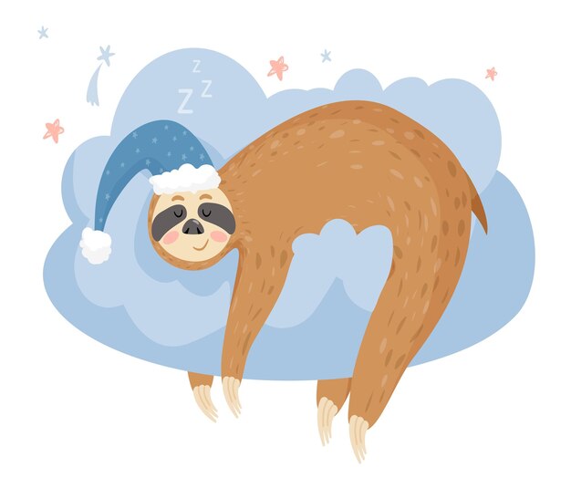 Vector leuke luiaard die op een wolk slaapt dier met slaapmutsje
