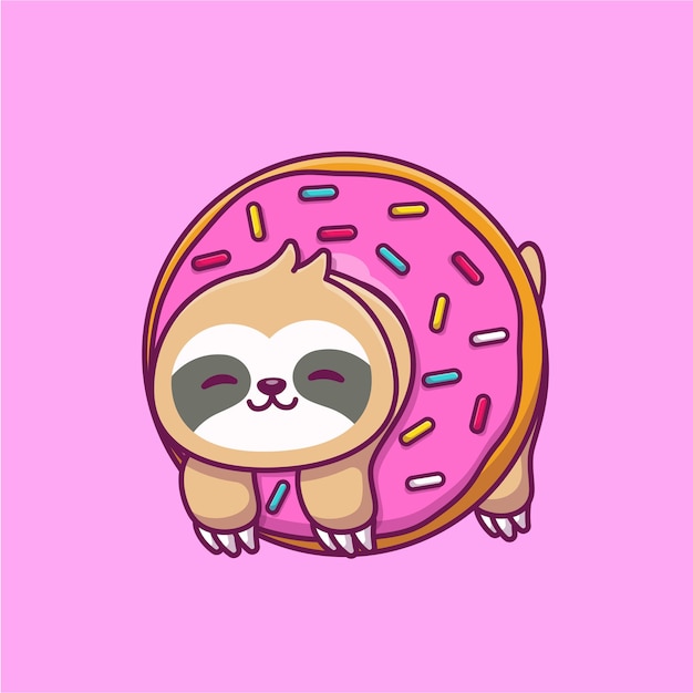 Leuke luiaard met donut cartoon afbeelding. dierlijk eten en drinken concept geïsoleerd platte cartoon