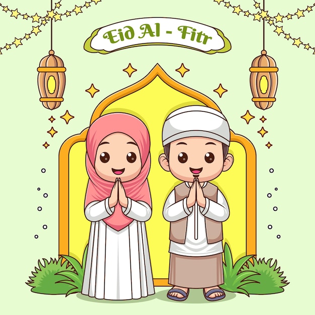 Vector leuke man en vrouw moslim vieren eid mubarak cartoon vector icoon illustratie