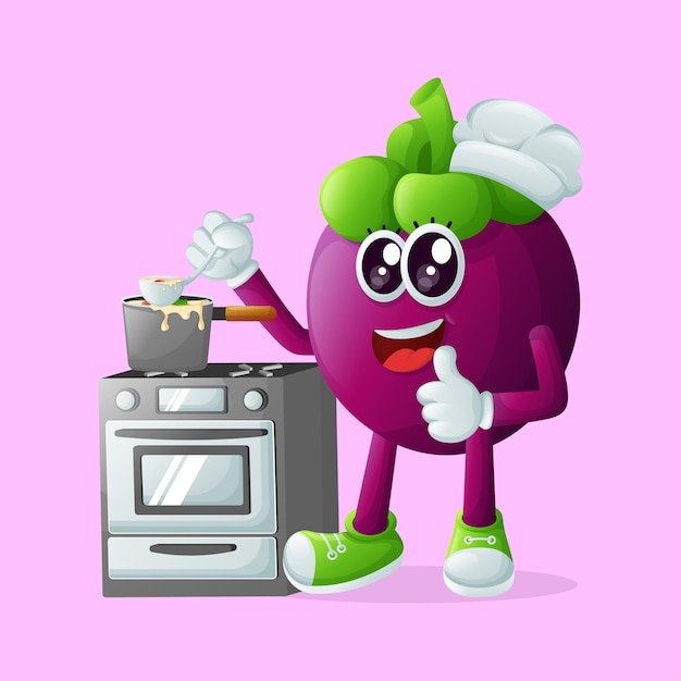 Vector leuke mangosteen personage koken op een kachel