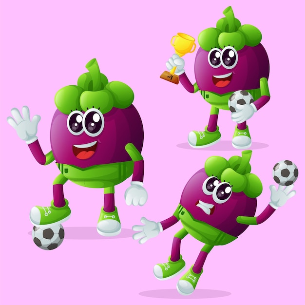 Vector leuke mangosteen personages die voetballen.