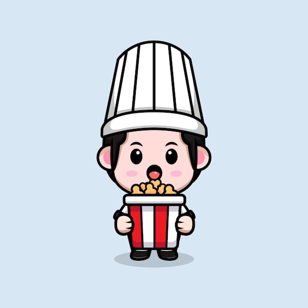 Leuke mannelijke chef-kok met popcorn cartoon mascotte illustratie