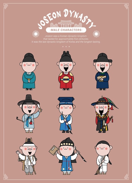 Vector leuke mannelijke personages in verschillende hanboks van de koreaanse joseon-dynastie