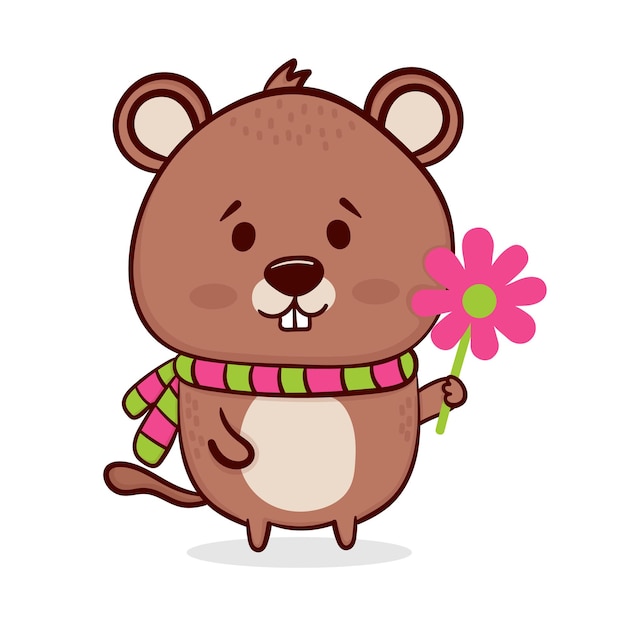 Leuke marmot met een bloem vectorillustratie in cartoon stijl