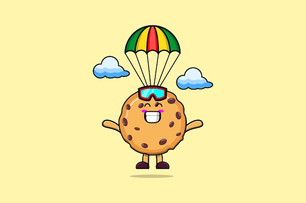 Leuke mascotte cartoon Biscuits is parachutespringen met parachute en gelukkig gebaar illustratie