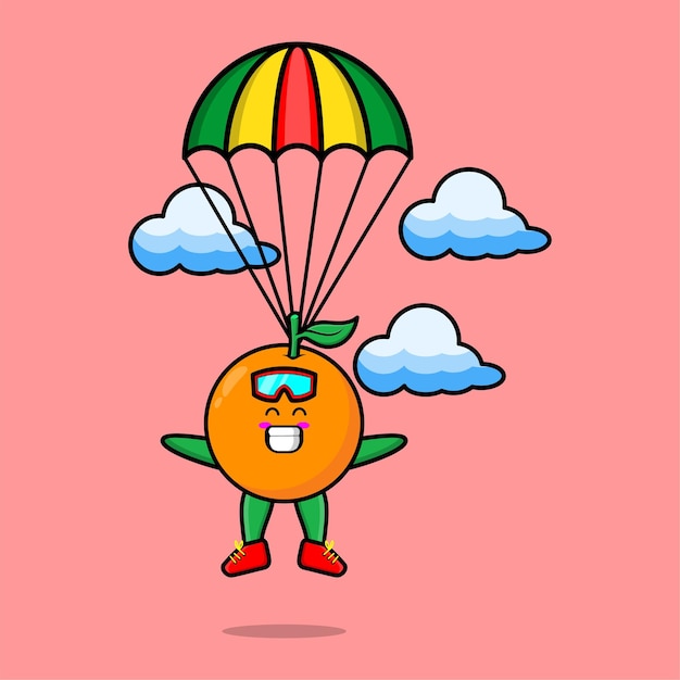 Leuke mascotte cartoon Orange is parachutespringen met parachute en gelukkig gebaar schattig modern stijlontwerp