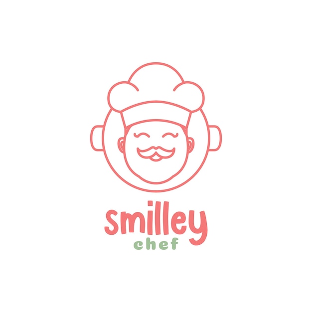 Leuke mascotte chef-kok glimlach snor hoed pan lijntekeningen minimale logo ontwerp vector