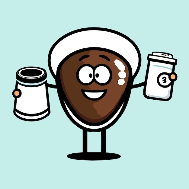 Leuke mascotte voor een koffiekopje met een vrolijke uitdrukking platte cartoon design premium en eenvoudige vector