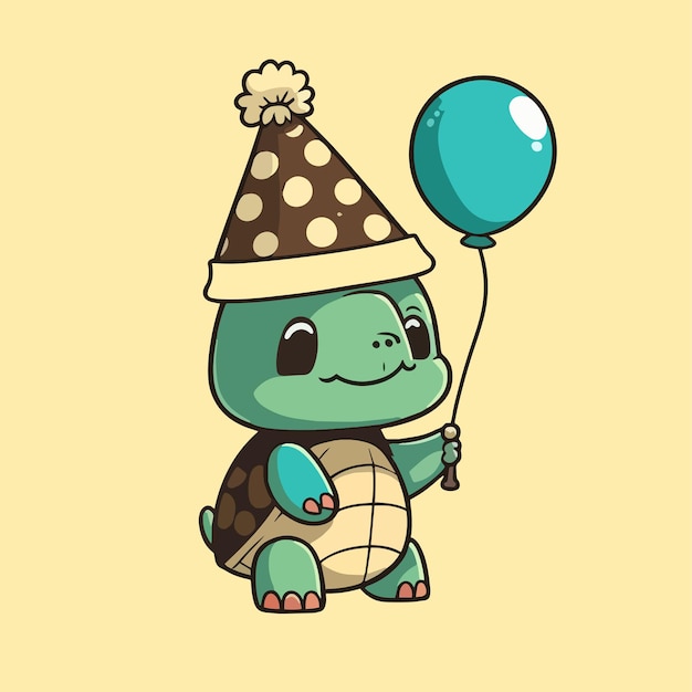 Leuke mascotte voor een schildpad die een kegelhoed draagt en een plat cartoonontwerp van een verjaardagsballon draagt