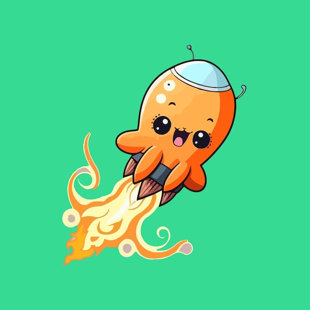 Leuke mascotte voor een vliegende raket in de vorm van een octopus die een plat cartoonontwerp met vuur afvuurt