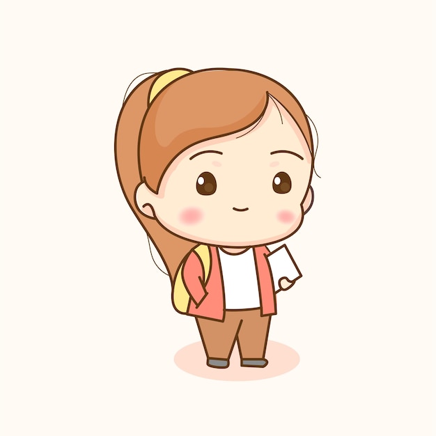 Leuke meisjes jonge student. Chibi stripfiguur. Platte vectorillustratie