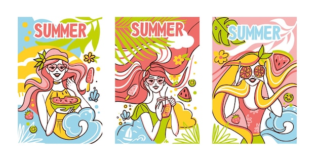 Leuke meisjes met fruit op het strand Hallo zomer Zomer illustratie