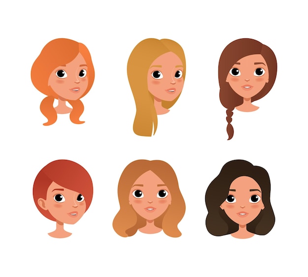 Leuke meisjes met verschillende haarkleuren en kapsels. Cartoon vector illustratie.
