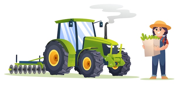 Leuke meisjesboer die biologische groenten houdt naast tractor iillustration