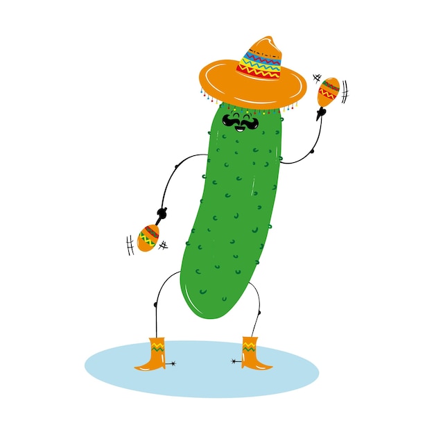 Leuke Mexicaanse dansende komkommer in een sombrero met de mascotte van het personage maracas