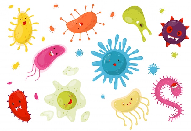 Leuke microben met grappige gezichten, kleurrijke gehumaniseerde bacteriën stripfiguren illustratie op een witte achtergrond