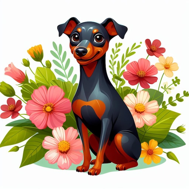 Leuke miniatuur Pinscher Hond cartoon Vector stijl witte achtergrond