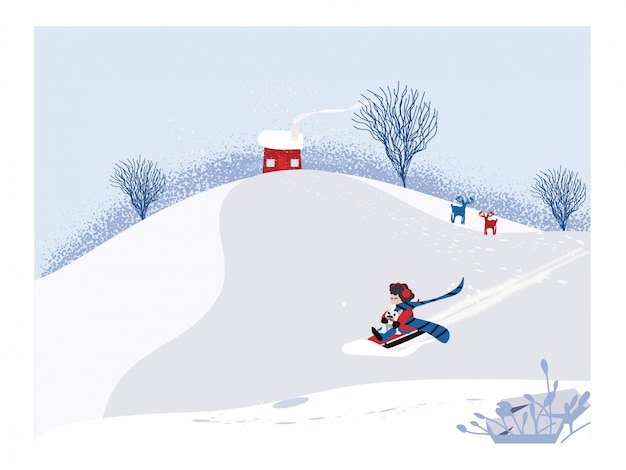 Leuke minimalistische vector van winterseizoen. Scène van nowey winterlandschap met gelukkig kind rijden op slee met de hond. Dennenboom en sneeuwpop schaduw gelegd op witte sneeuw en bladverliezende wouden.