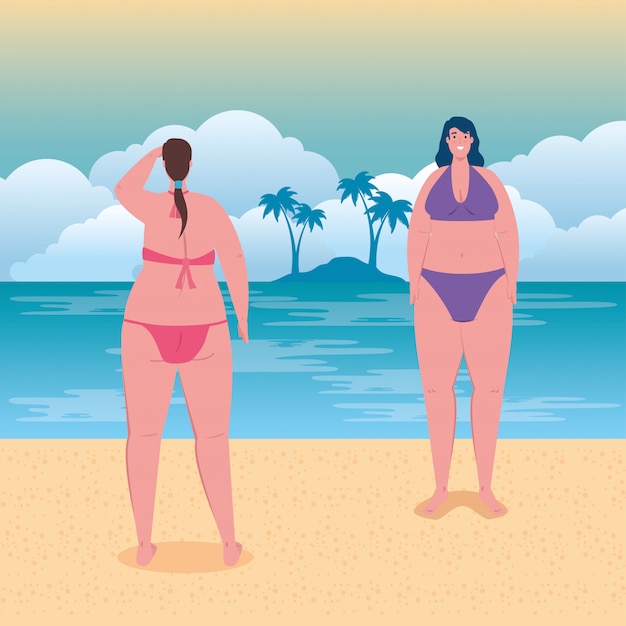 Leuke mollige vrouwen in zwempak in het strand, groepsvrouwen gelukkig in ontwerp van de het seizoen het vectorillustratie van de de zomervakantie