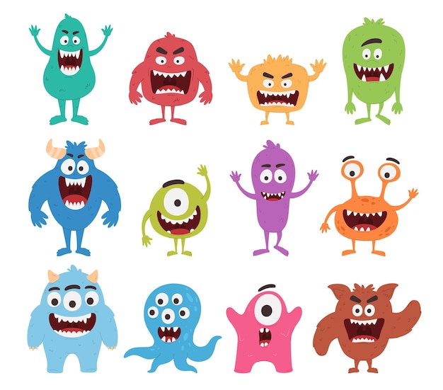 Vector leuke monsters leuke gekleurde personages met gezichten en tanden illustraties van monsters voor kinderen