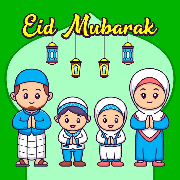 Leuke moslimfamilie in Cartoon Ramadan Vector Illustratie Flat Style Concept