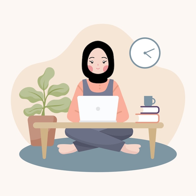 Leuke moslimvrouw draagt hijab die vanuit huis werkt als freelancer illustratie vector flat