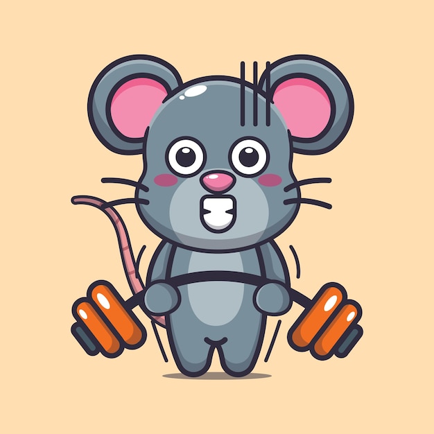 Leuke muis die barbell opheft leuke cartoon dierenillustratie