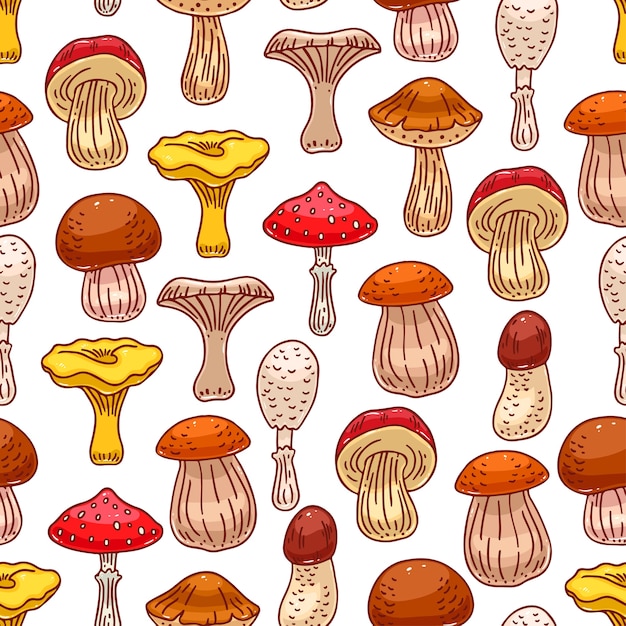 Leuke naadloze achtergrond van verschillende soorten paddestoelen. handgetekende illustratie