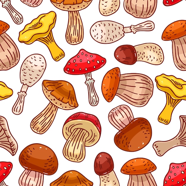 Leuke naadloze achtergrond van verschillende soorten paddestoelen. handgetekende illustratie