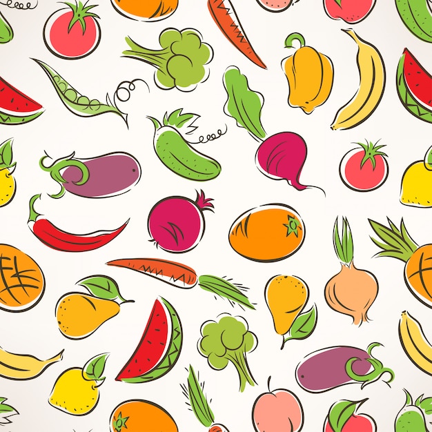 Leuke naadloze gekleurde achtergrond met gestileerde groenten en fruit