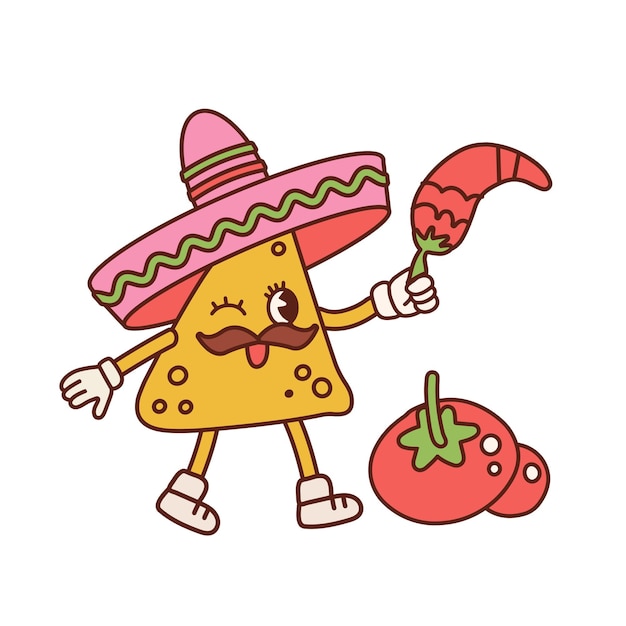 Leuke nachomascotte in sombrero met chilipeper en snorcontour vector retro cartoon Mexicaanse fo