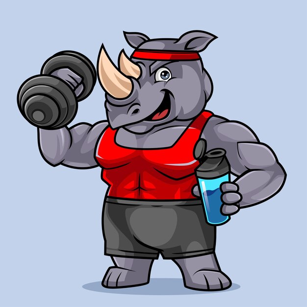 Leuke neushoorn bodybuilder fitness mascotte vectorillustratie