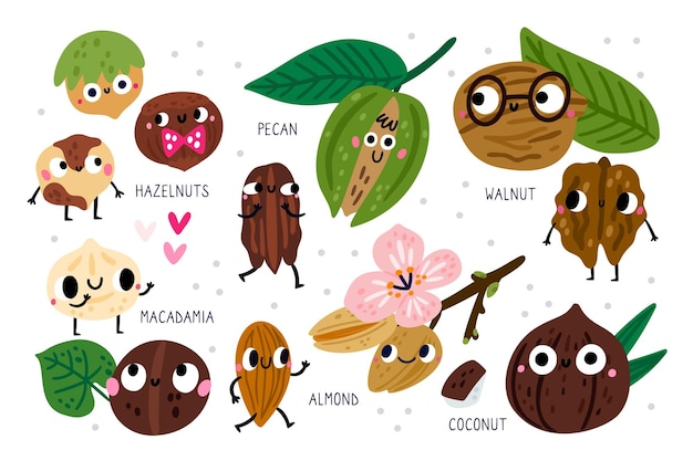 Leuke noten personages Grappig droog voedsel met gezichten handen en voeten Hazelnoten en pekannen Amandelbloemen Kokosnoot en walnoten met bladeren Comic maaltijdproducten Vector superfood mascots set