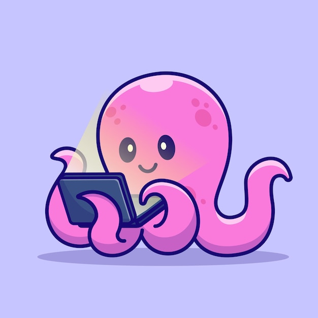 Leuke octopus bezig met laptop cartoon vectorillustratie pictogram. dierlijke technologie pictogram concept geïsoleerd premium vector. platte cartoonstijl