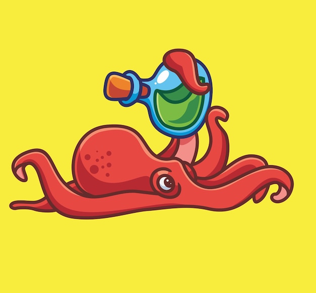 Leuke octopus brengt drankje geïsoleerde cartoon dierlijke natuur illustratie flat style sticker icon design