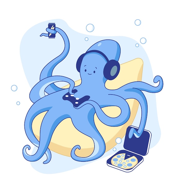 Vector leuke octopus gamer speelt videogame op console thuis blijf thuis