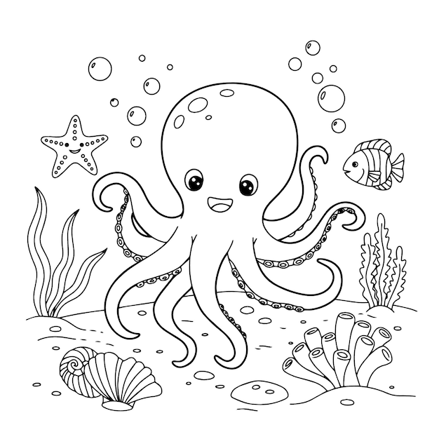 Leuke octopus met zeedieren Kleurblad