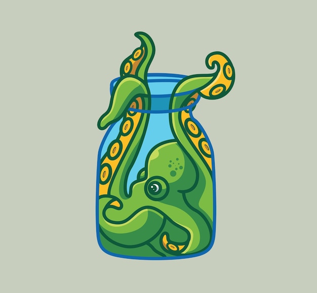 Leuke octopus verbergt zich in de pot fles geïsoleerde cartoon dierlijke natuur illustratie Flat Style