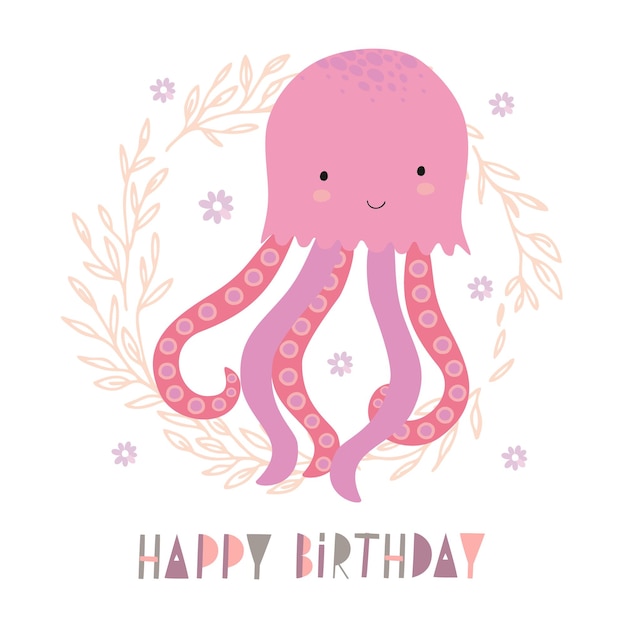 Vector leuke octopus verjaardagskaart