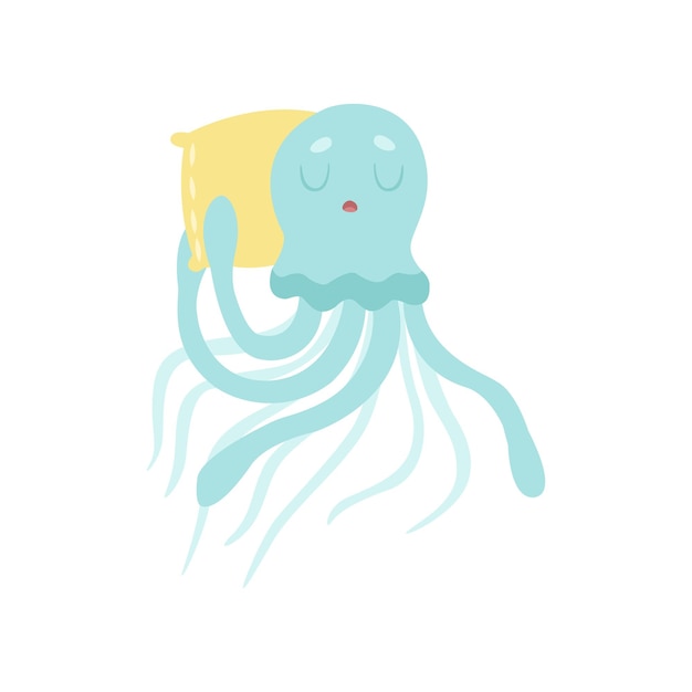 Leuke octopus zeedier die op een kussen slaapt vector illustratie op witte achtergrond