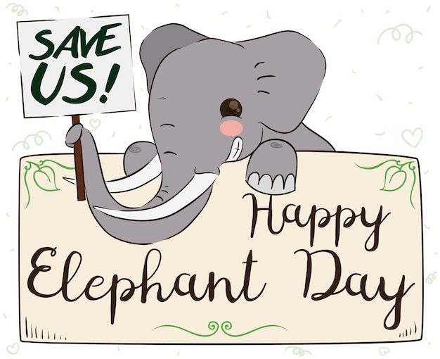 Leuke olifant die een groetbanner vasthoudt met zijn slurf ter bevordering van inspanningen voor natuurbehoud voor Elephant Day