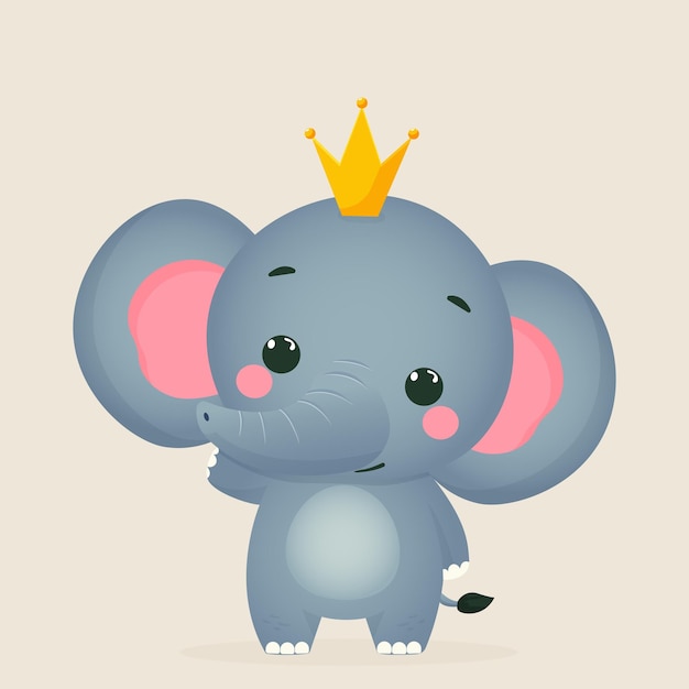 Leuke olifant die een kroon draagt. Vlakke vectorillustratie geïsoleerd.