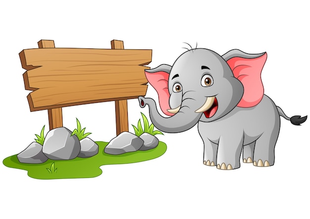 Leuke olifant en houten bord voor uw tekstillustratie