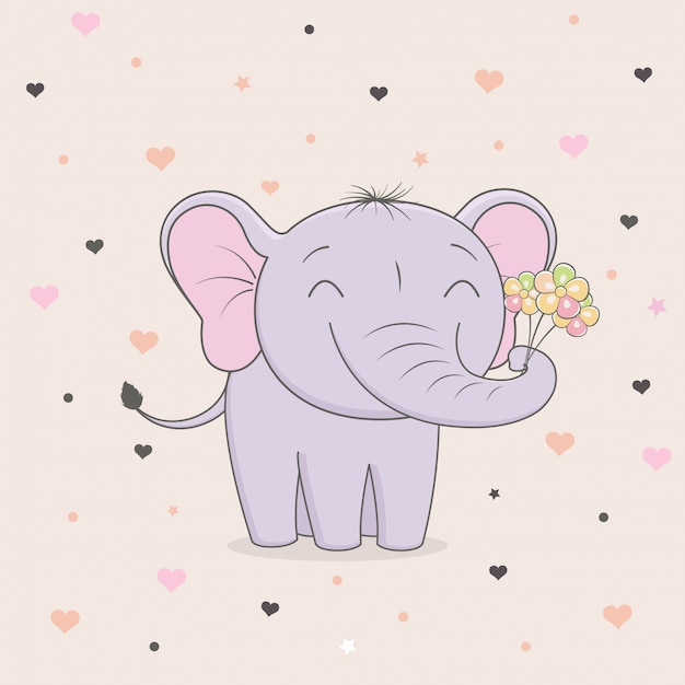 Vector leuke olifant met bloemen op achtergrond van harten.